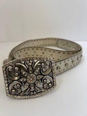Rhinestone Embellished White Leather Belt with Ornate Silver Buckle